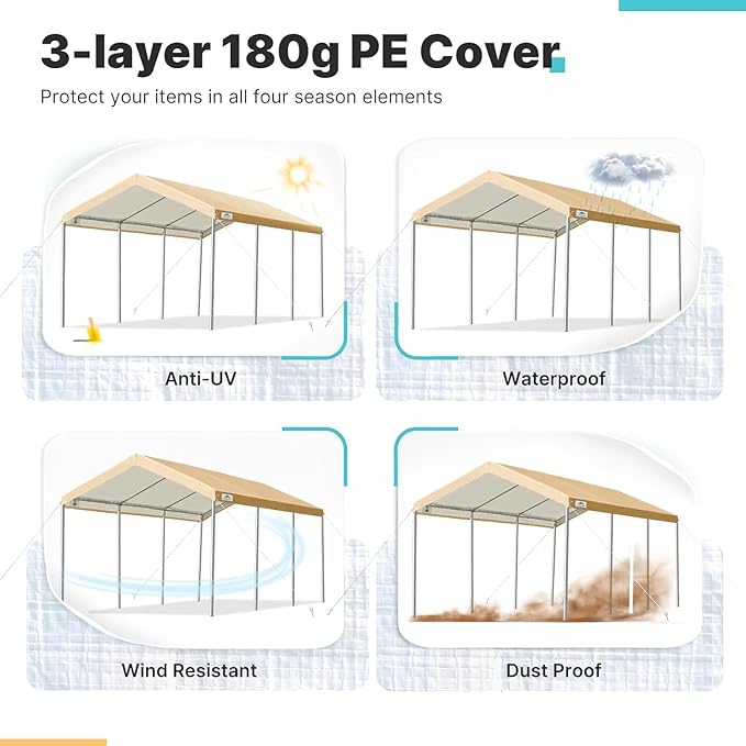 Carport Replacement Canopy Cover for Car Tent Top Garage Shelter Cover Tarp with Ball Bungees (Only Top Cover, Frame Not Include) (Beige 10’ x 20‘)