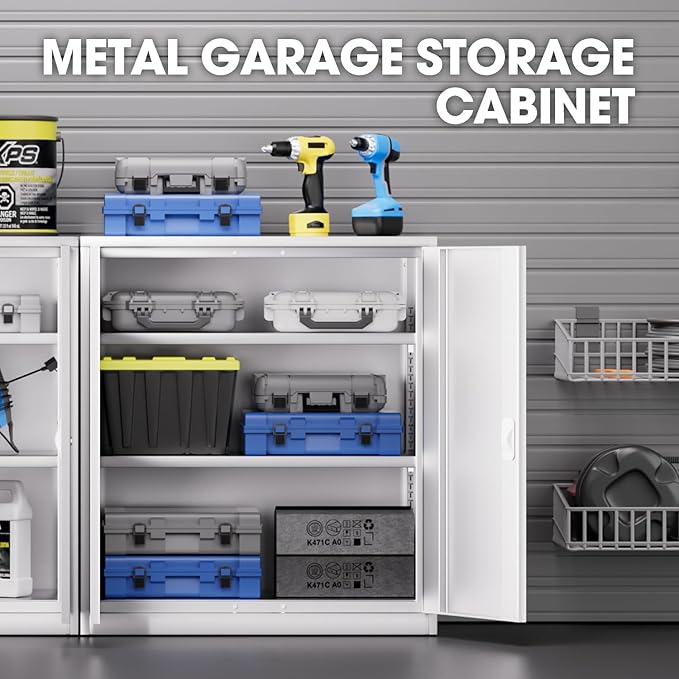 DNA MOTORING 36'' Metal Storage Cabinet, Locking Tool Cabinet with 2 Doors and 2 Adjustable Shelves, Heavy Duty Metal Locker for Garage,Office,Home,Gym, White, TOOLS-00631-WH-WH-A