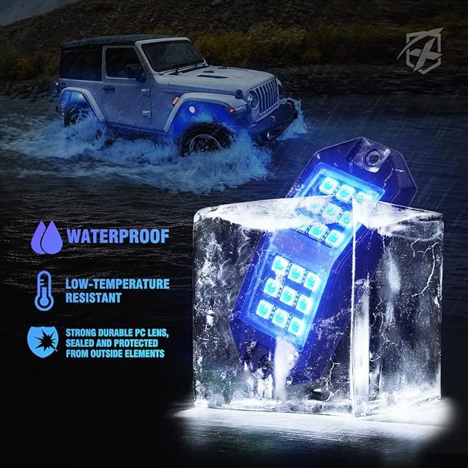 Xprite Jeep Rock Lights 10 Pods Wide Angle Bluetooth RGB LED Rocklights Kit, Multicolor Neon Lighting Footwell Underglow Kits w/Wireless Remote, Compatible Off-Road Trucks Cars UTV ATV SUV RZR