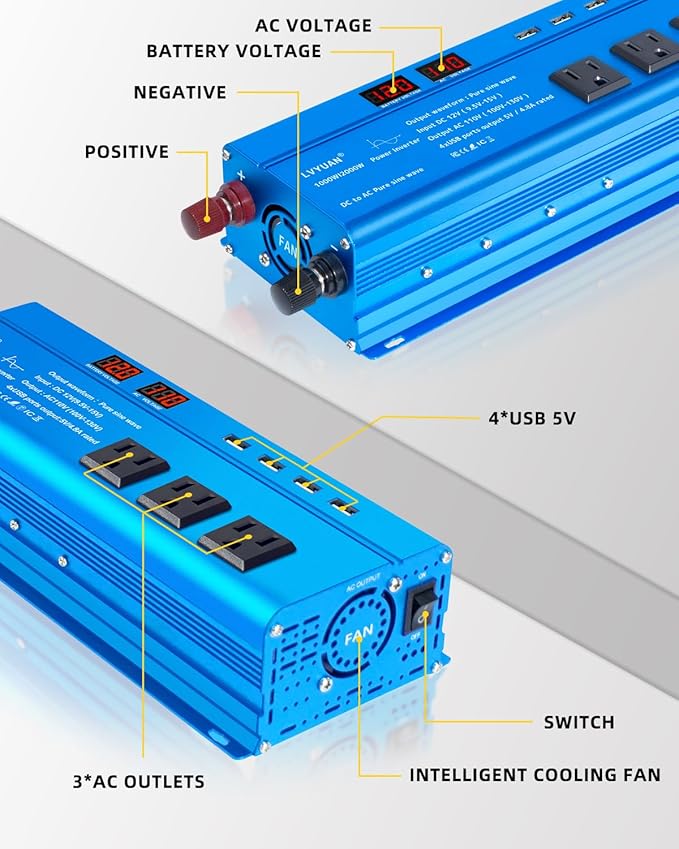 LVYUAN 1000 Watt Pure Sine Wave Inverter 12V to 110V 120V DC to AC with LED Display, 3 U.S. Outlet, USB Charger Ports, Car Power Inverter for Vehicles, RV, Outdoor, Home