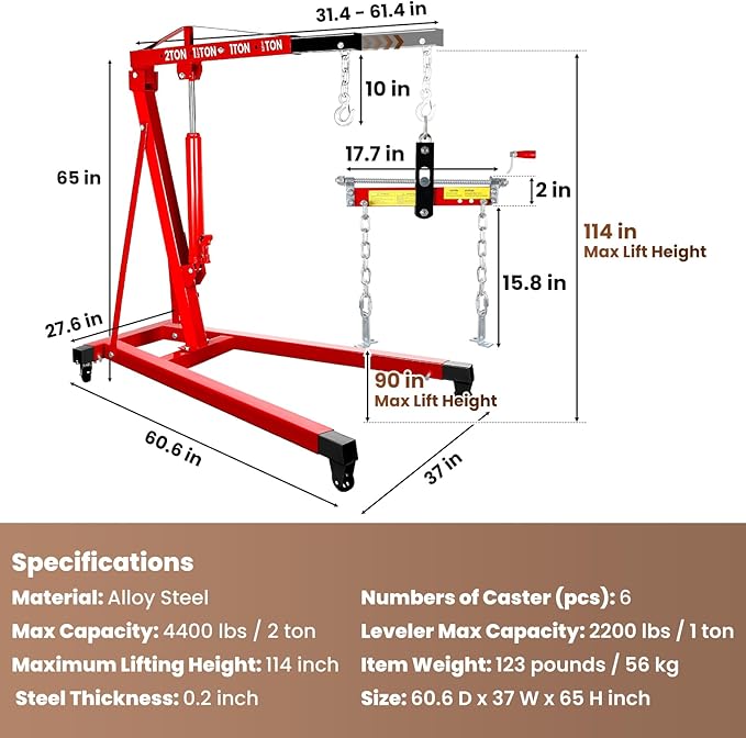 Engine Hoist 2 Ton/4409 lbs Heavy Duty Alloy Steel Cherry Picker Engine Hoist with Load Leveler, Engine Stand with 4 Steel Caster, Red (Engine Hoist no Folding with Leveler)
