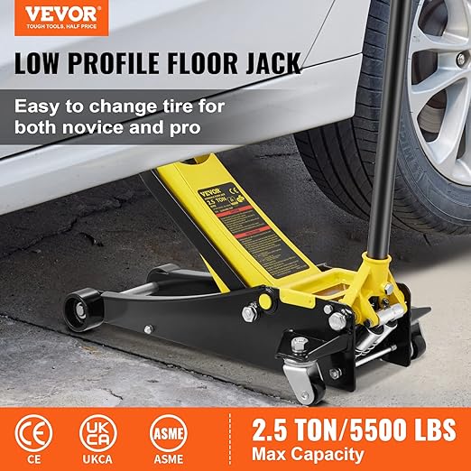VEVOR 2.5 Ton Low Profile, Heavy-Duty Steel Racing Floor Jack with Dual Pistons Quick Lift Pump, Lifting Range 3.64"-19.49"