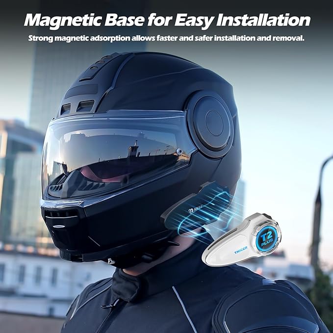 Motorcycle Bluetooth Headset T2Plus Dual Chip MESH Intercom 10-Way Motorcycle Helmet Bluetooth Helmet Intercom Communication Systems with Double Coil Subwoofer Speakers (White/Silver)