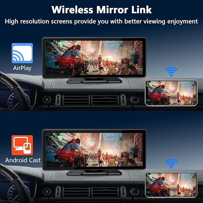 Wireless Carplay Screen for Car, 10.26" HD Touchscreen with 4K Dash Cam Portable Carplay & Android Auto Car Stereo with Backup Camera, GPS Navigation Mirror Link, Bluetooth, FM, Siri