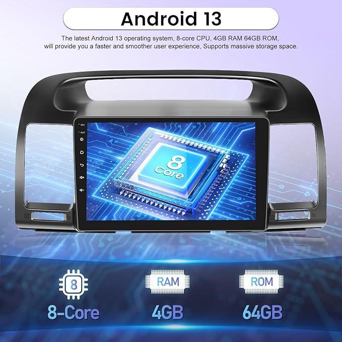 [8 Core 4+64G] Car Radio for Toyota Camry 2000-2006 with Wireless Carplay and Android Auto - 9 Inch IPS 1280 * 720 Touchscreen Android Stereo - DSP / 59 UI Themes/WiFi/GPS/SWC + AHD Backup Camera