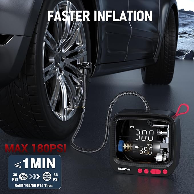 NEXPOW Tire Inflator Portable Air Compressor, 180 PSI Cordless Air Pump for Car Tires with Dual Digital Pressure Gauge & Auto Shut-Off, Portable Tire Pump for Car, Motorcycle, Bicycle, Ball and More