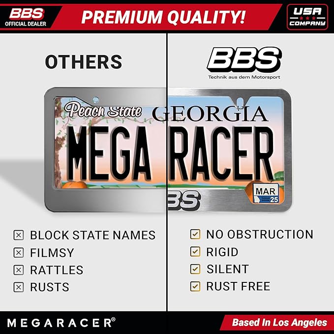 BBS Official Brushed Chrome Stainless Steel License Plate Frame – Made in USA – Premium Rustproof Powder-Coated Metal Car Accessory – Universal Fit – 1 Pack