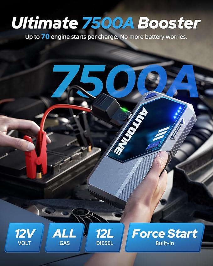 AUTOONE M4 Jump Starter 7500A Car Jumper Starter Portable, 12V Battery Jump Starter (All Gas/12L Diesel) Jump Box for Car Battery with Built-in Booster, Storage Case, LED Light, Jumper Cables