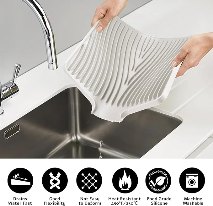 Dish Drying Mat, Stone Drying Mat for Kitchen Counter with Built-in Drain, Non-Slip Drying Matt Kitchen Counter, Heat Resistant Silicone Drying Mat, Dish Drying Pad, 2 Pcs(15.8"X 13", Cream)