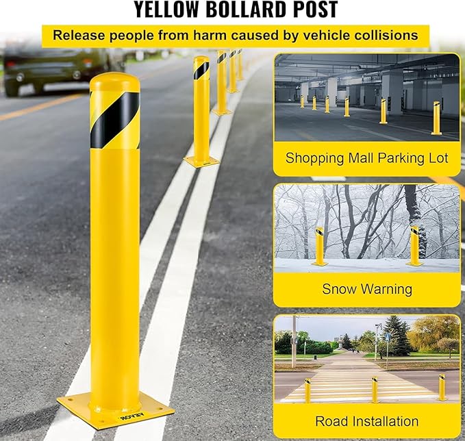 4.5x48 Inch Safety Bollard Post - Yellow Steel Bollard with Anchor Bolts (2-Pack) for Parking Lots, Walkways & Traffic Areas