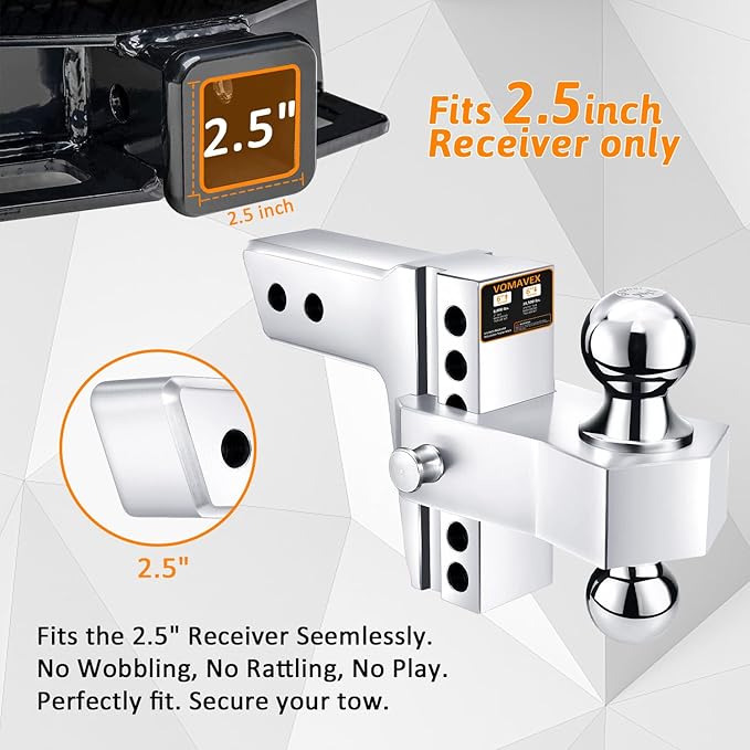 Adjustable Trailer Hitch-Drop Hitch Fits 2.5-Inch Receiver -6" Drop/Rise Tow Hitch with 2" and 2-5/16" Tow Balls-18,500GTW with Double Anti-Theft Pins Locks (Silver)