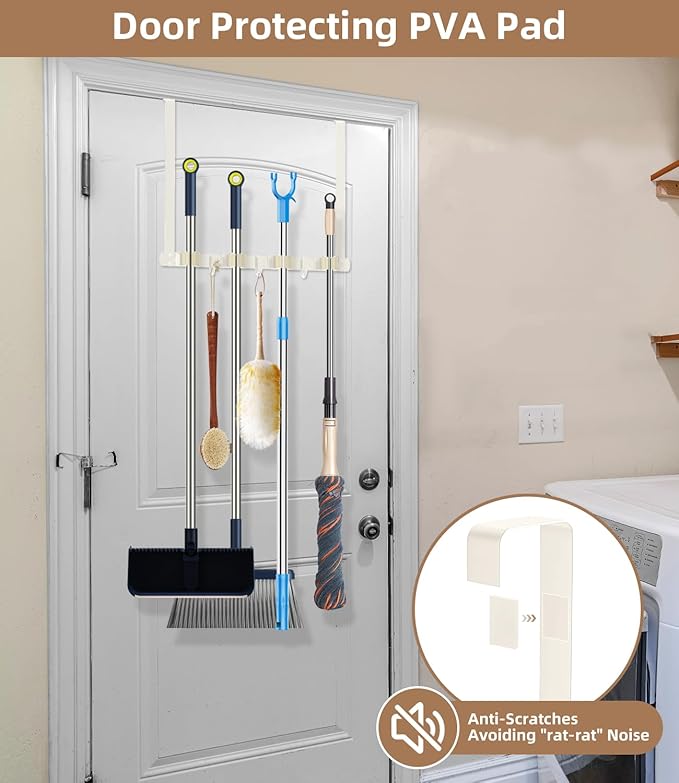 Broom Holder Over The Door - 304 Stainless Steel Mop and Broom Holder Wall Mounted or Hanging Over The Door with Hooks - Broom Hanger - white, Broom Storage Tool Organizer for Closet Laundry