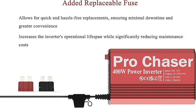 Pro Chaser 400W Vehicle Power Inverter - 12V DC to 110V AC Car Converter, Dual AC Outlets, USB-A QC 18W & USB-C PD 65W Ports, Road Trip Charging Companion with Replaceable in-Line Fuse