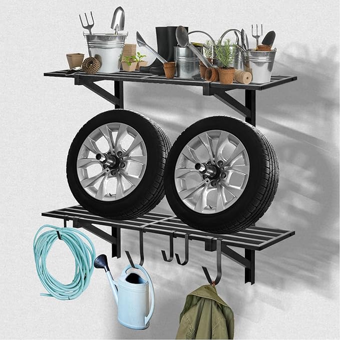 2 Pack Heavy Duty Garage Wall Shelving, 1' x 4' Wall Mount Storage, Holds 200 lbs Each, Garage Shelving Wall Mounted, Storage Rack with Hooks (Black)