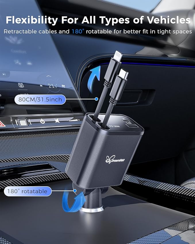 DreamBee Retractable Car Charger,custom-made modelRetractable Cables (31.5 inch) and 2 USB Ports Car Charger, PT-27