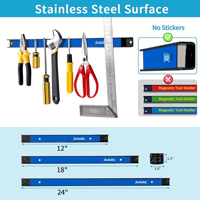 6 Pieces 12" Magnetic Tool Holder Strip, Blue Magnet Bar, Metal Tool Organizer Rack for Garage Organization, Easy To Install in Workshop, Mounting Screws Included