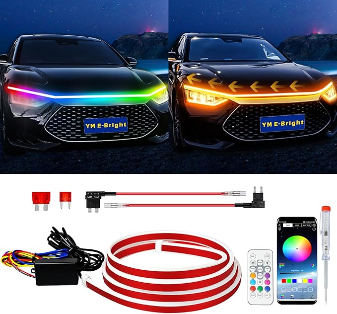 RGB Hood Light Strip with Sequential Turn Signal Indicator Function Waterproof Multicolor Dynamic Scan Start Up Hoodbeam Kit for Cars,Truck,SUV,with APP Control,12V 47inch/1.2M (1Set)