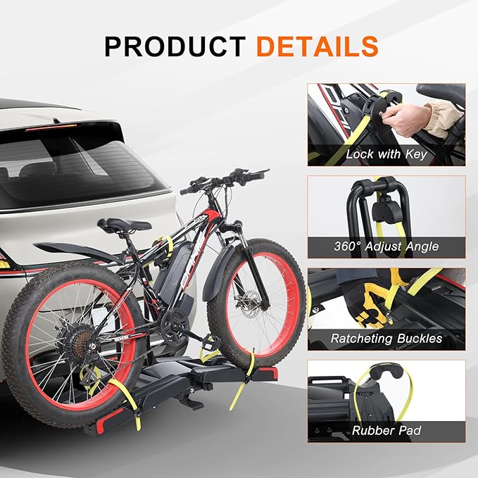 2 E-Bike Foldable Hitch Mount Bike Rack for 2" Receiver SUV & Trucks, Up to 4'' Fat Tire, Lockable Hitch Racks for E-Bike with Ramp and Wheels, 180 LBS Capacity