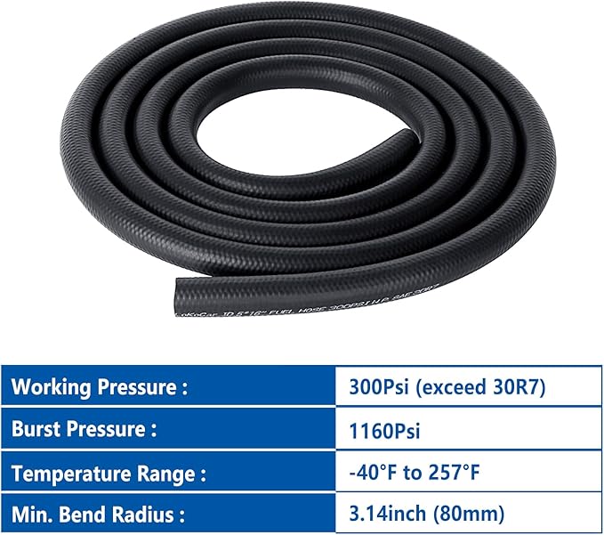 LokoCar 5/16" ID Fuel Hose Line Push Lock NBR Rubber SAE 30R7 300PSI 5ft Black