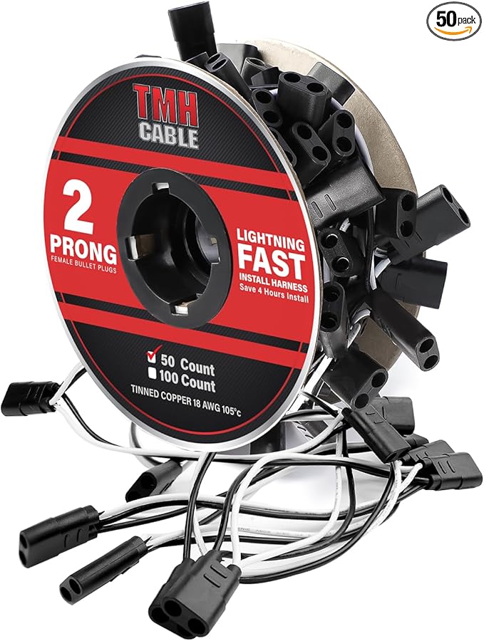 TMH 50 Count 2-Prong Wire Harness Roll Double Female Bullet Plug 18 Gauge - 6.5" Spacing for LED Marker Clearance Lights Hassle-Free Installation