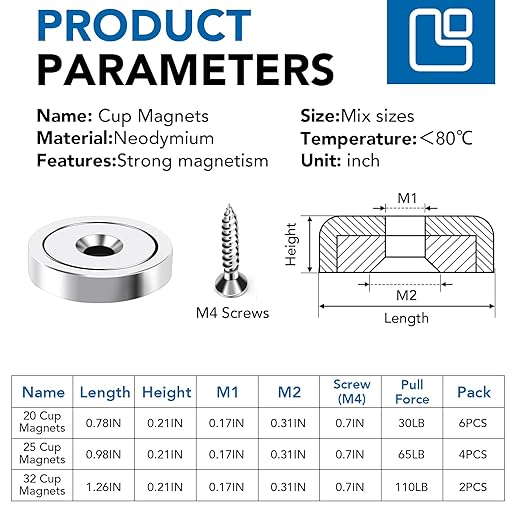 LOVIMAG Strong Rare Earth Magnets, 3 Sizes - Neodymium Cup Magnets with Countersunk Hole and Screw for Tool Organizer, Fridge, Cabinet - Pack of 12
