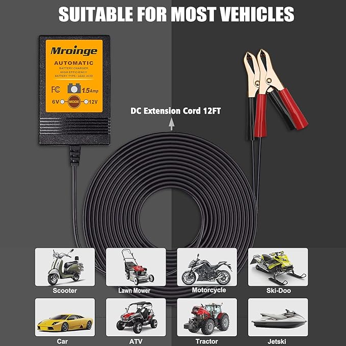 MBC015, 6V / 12V 1.5A Fully Automatic Trickle Battery Charger/Maintainer for Automotive Vehicle Motorcycle Lawn Mower ATV RV Powersport Boat, Sealed Deep-Cycle AGM Gel Cell Lead Acid Batteries