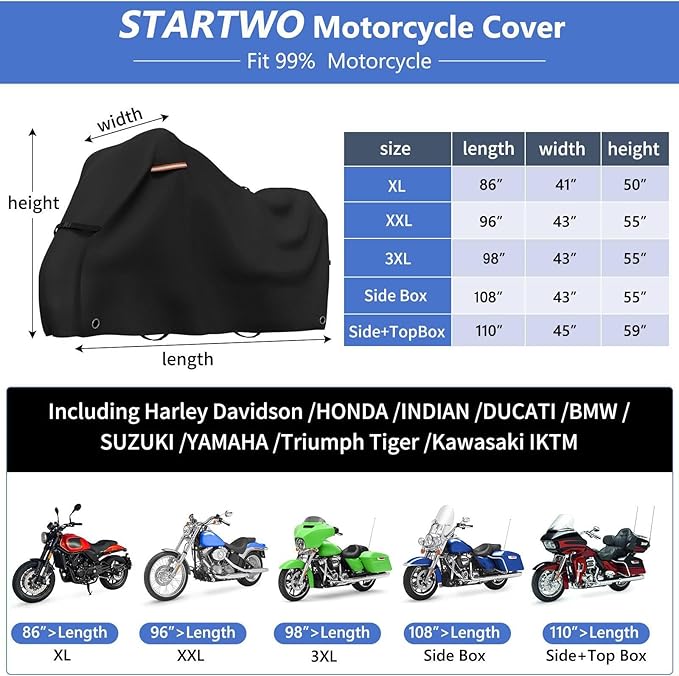 STARTWO Motorcycle Covers Waterproof Outdoor Storage Heavy Duty All Season Universal Vehicle Cover for Harley Davidson Sport, Cruisers, Softail, Adventure Series and Most Motorcycles 96"x43"x55" Black