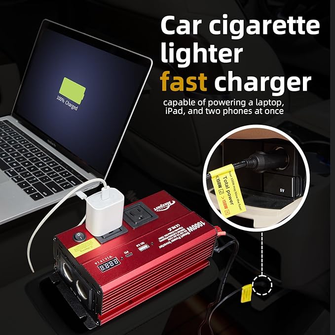 TWING Car 1000w Inverter,12v DC to 110v Power Inverters for Vehicles 1000 watt with Dual AC Outlets 3.0A USB and Type-C,12 Volt Inverter Car Cigarette Lighter Battery