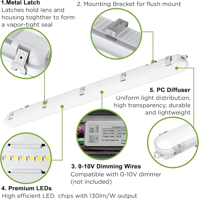 TIERONE 4ft LED Vapor Tight Light 50W Outdoor Shop Light IP65 Waterproof 0-10V Dimmable Integrated LED White Strip Lighting Fixture for Warehouses Car Washes 5000K 100-277V 6000LM ETL Listed 4 Pack