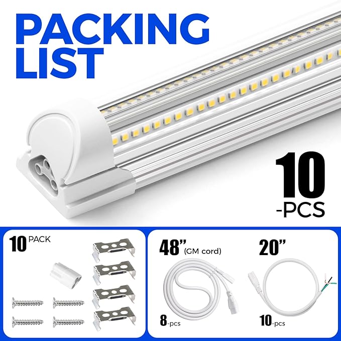 Barrina 8FT LED Shop Light, 100W 15000LM 5000K, Clear Cover Linkable LED Tube Lights, V Shape Integrated T8 Lighting, Ceiling Lights for Garage, Warehouse, Workshop, ETL Listed,10 Pack