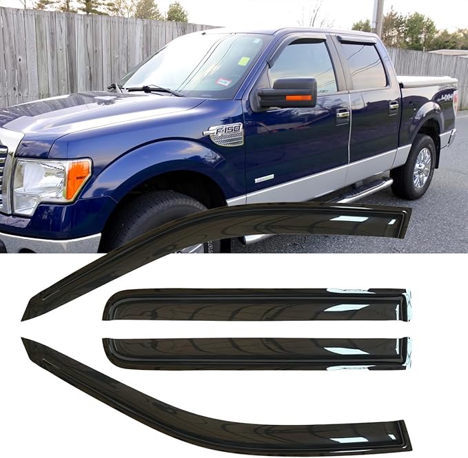 4pcs Original Shatterproof Outside Mount Style Window Rain Guard Shield Side Window Wind Deflectors Dark Smoke Vent Window Visors Compatible with 2009-2014 F-150 SuperCrew/Crew Cab Only 94155