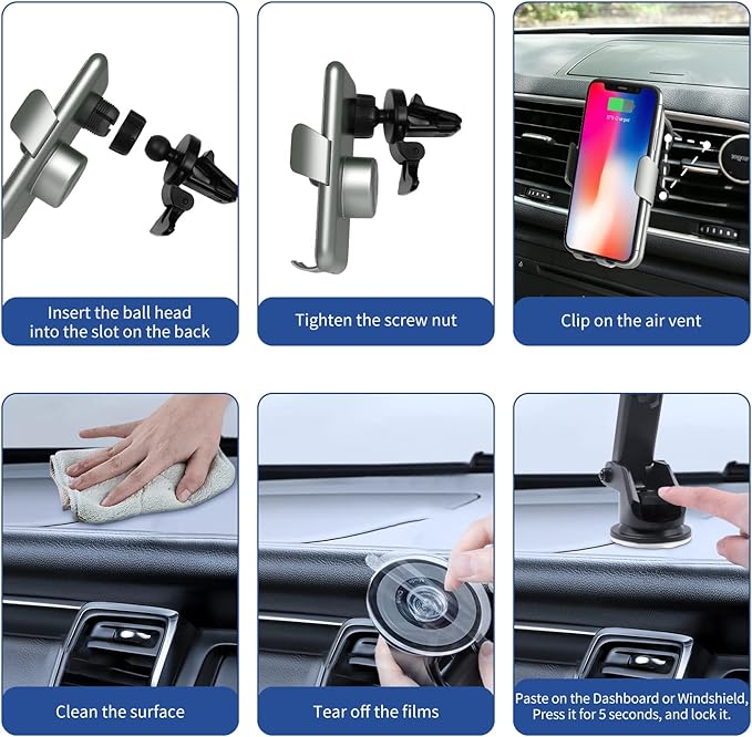 15W Fast Car Mount Charger, Charging Wireless Car Charger Phone Mount Phone Stand, Car Charger for iPhone 15 14 13 12 11 Pro Max, Samsung etc Windshield Dashboard Air Vent Auto Clamping Phone Holder