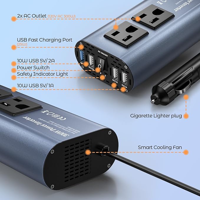 300W Car Power Inverter, DC 12V to 110V AC Car Plug Adapter Outlet with USB-Fast Charger(25W)、 USB-A（20W） and Dual AC Outlet, QC3.0, 4 USB Ports, Car Charger for Laptop、Phone, etc