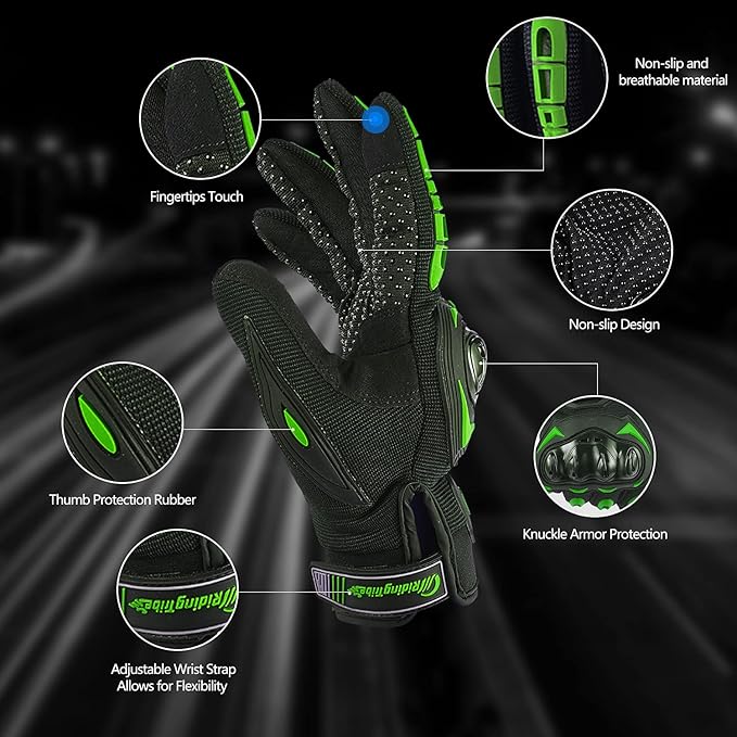 Motorcycle Gloves for Men and Women Full Finger Touchscreen Mountain Dirt Bike Gloves for Powersports BMX ATV MTB Driving Motocross Cycling Gloves(M, Green)