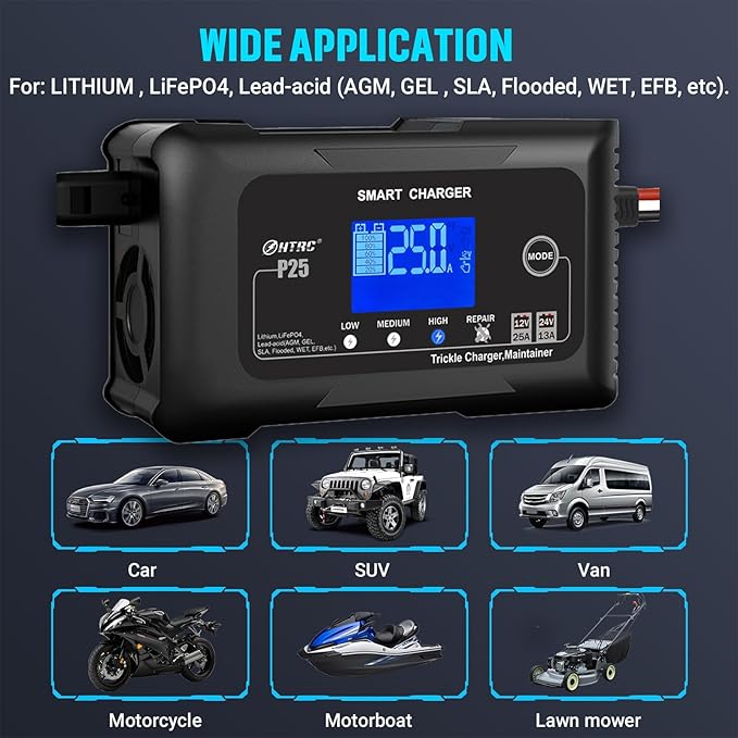 25Amp Lithium Battery Charger, 12V and 24V Lead-Acid (AGM/Gel/SLA) Battery Charger, Battery Maintainer Pulse Repair Charger Trickle Charger Battery Desulfator for Boat, Motorcycle, Golf cart