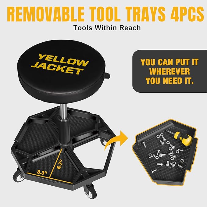 YELLOW JACKET Rolling Garage Seat Adjustable Pneumatic Shop Creeper Seat 300Lbs Mechanic Stool with Wheels and Removable Tool Tray Storage Workshop Chair for Auto Repair