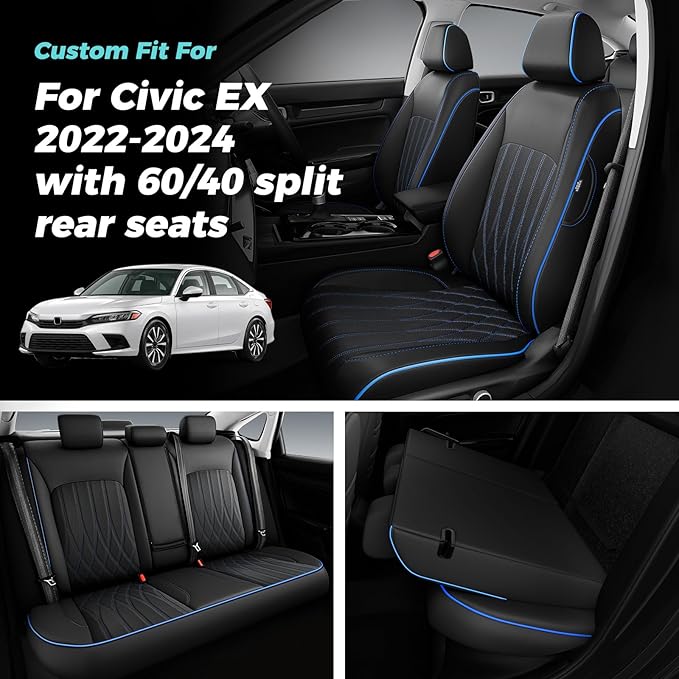 Seat Covers for Honda Civic Sedan 4DR Sedan EX 2022 2023 2024 2025.Faux Leather Car Seats Cover Full Set (Rear Row 40/60 Split & Folding Backrest)-BlackBlue