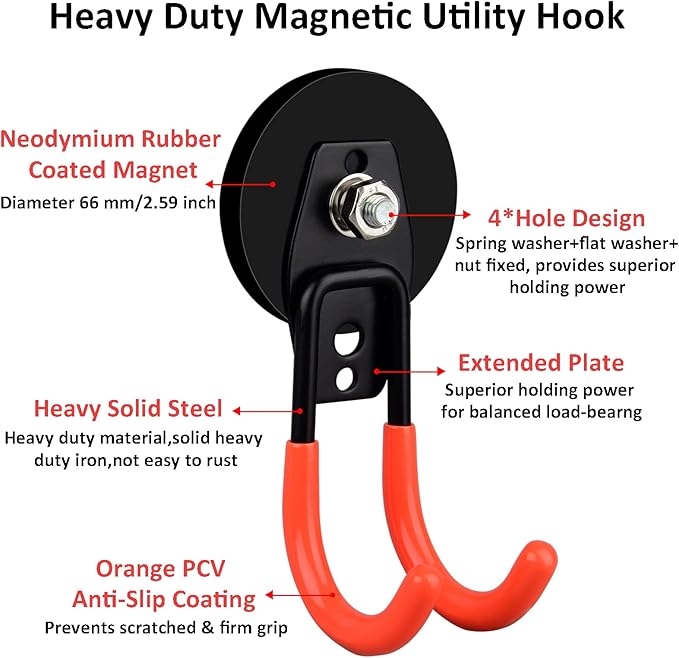 ULIBERMAGNET Garage Strong Magnetic Hooks, 4 Pack Heavy Duty Large J Hooks with Magnet, Anti-Slip Coating Magnet Hooks for Garden Tools, Ropes,Drill,Magnetic Double Hooks for Metal Cabinet,Pegboard