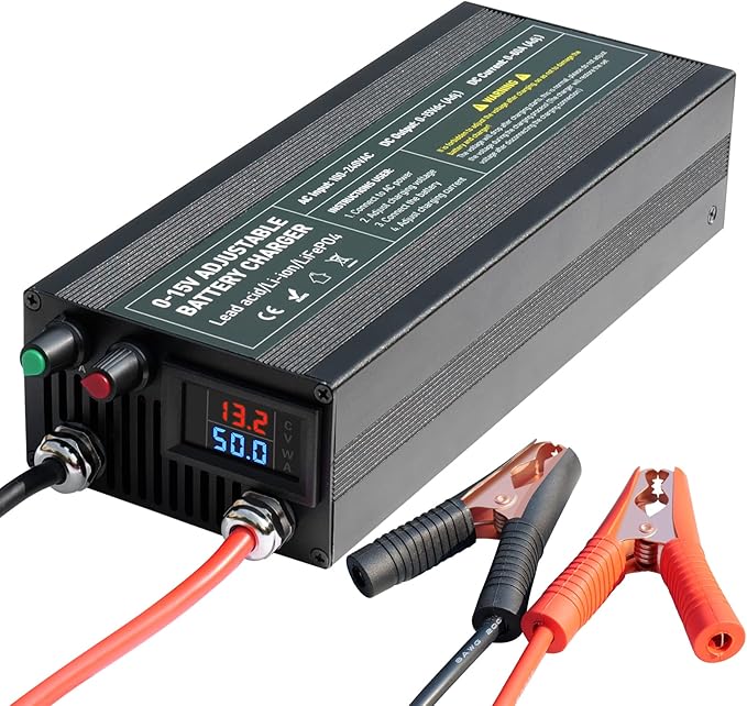 C60A 12V High Power Lifepo4 Charger Smart Battery Charger Maintainer with 0-15V Adjustable Current and Voltage, 12.6V Portable Power Adapter for 14.6V LiFePO4 Lithium Iron Rechargeable Battery(60A)