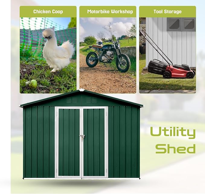10 x 8 FT Outdoor Storage Shed, Metal Garden Tool Shed with Slooping Roof, Lockable Doors and Aluminum Frames, Easy to Assemble for Garden, Patio, Lawn, Green