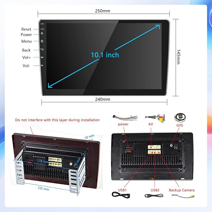 Double Din Car Stereo Radio Receiver, 10.1” 2.5D Curved HD Touch Screen Head Unit Multimedia Player, Support Rear View Camera&Android iOS Mirror Link Dual USB Input+License Plate Camera