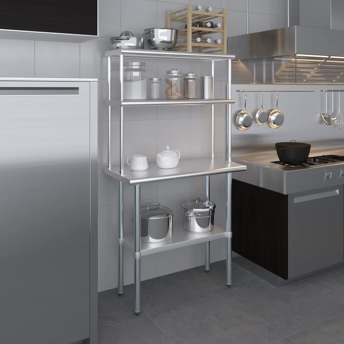 Amgood Stainless Steel Work Table Double Tier Overshelf | Metal Kitchen Prep Table & Shelving Combo (18" x 36" Work Table + 12" Overshelf)