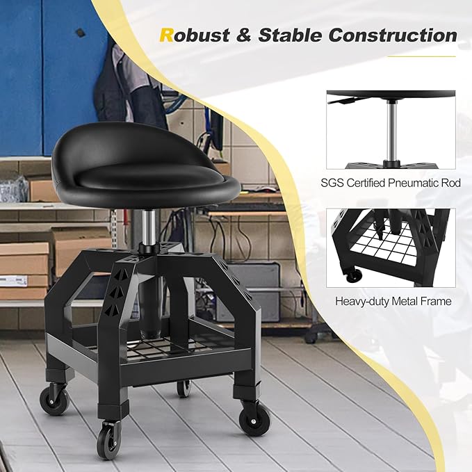 Goplus Rolling Garage Stool, 22.5”-27.5” Adjustable Mechanic Chair with Padded Seat, 330LBS Capacity, Tool Tray, Heavy Duty Creeper Seat, 360° Swivel Shop Stool for Workshop
