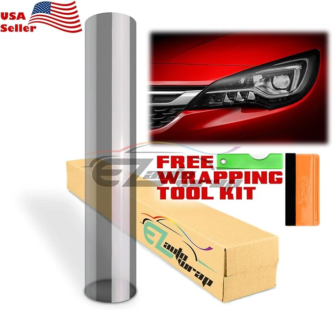 EZAUTO WRAP Free Tool Kit 12"x36" (1FT x 3FT) Glossy Light Black Smoke Headlight Taillight Fog Light Side Marker Vinyl Tint Film Self Adhesive