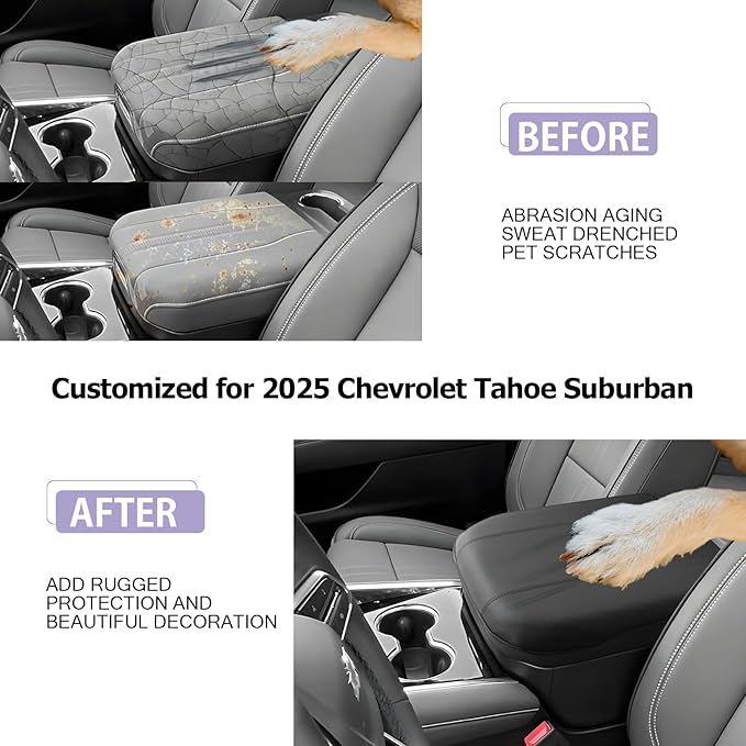 LUWU 2025 Suburban Tahoe Center Console Cover Compatible with 2025 Chevrolet Suburban Tahoe Accessories 2025 Chevy Suburban Tahoe Armrest Cover Armrest Console Cover (Thin Black)
