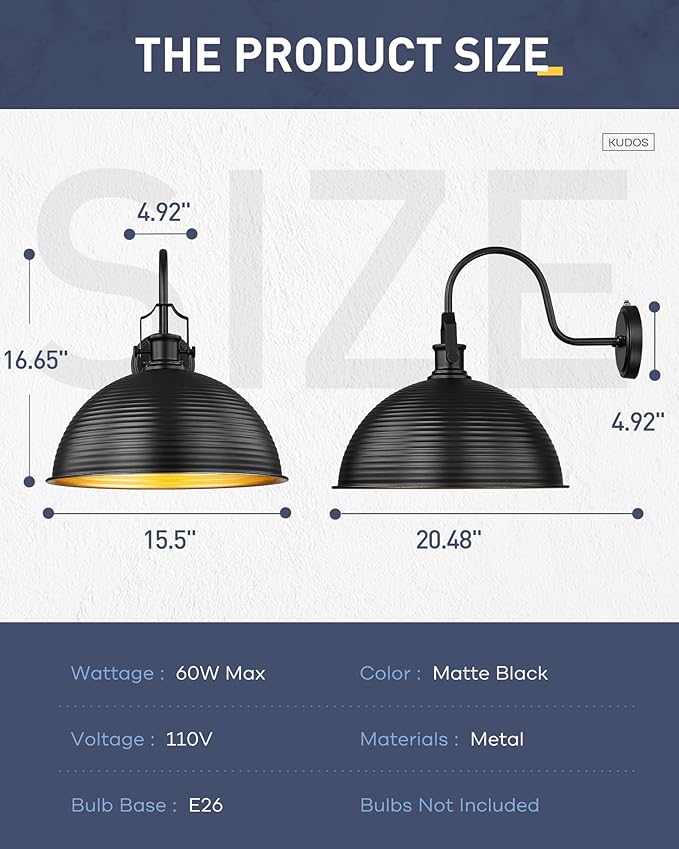 kudos Porch Light Motion Sensor 15.5" Large Outdoor Gooseneck Barn Light Fixture Black Farmhouse Wall Sconce Lantern for Entryway Garage, 1 Pack, KDOWL04-BK-L-LC