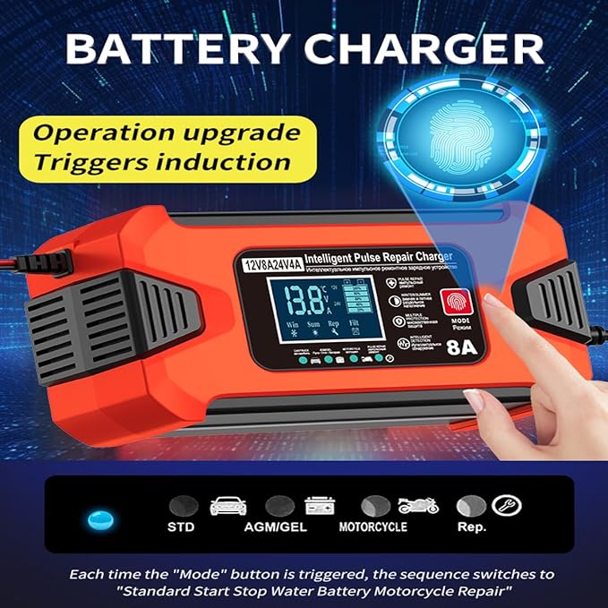 ZiYiJuan 8-Amp Smart Car Battery Charger and Maintainer, 12V/24V Automatic with LCD Display