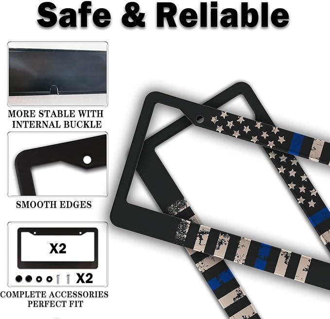 License Plate Frames Black, White, and Blue Car Plate Frames Thin Blue Line USA Flag Universal Aluminum Car Accessory 2 Pack with Screw Covers Set