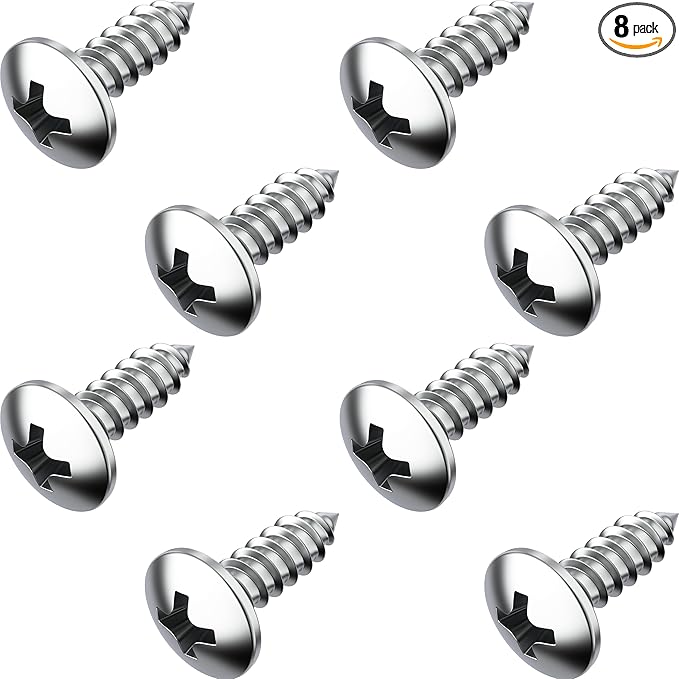 Stainless Steel License Plate Screws for License Plates, Frames, Covers - Rust Proof Licence Plate Screw Set for Front/Rear - Compatible with Chrysler Dodge Jeep & Ram (Pack of 8)