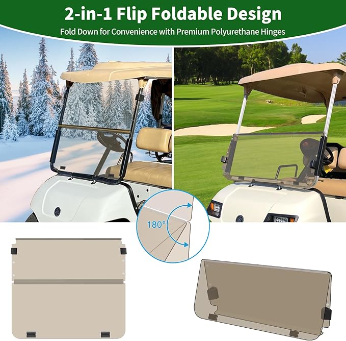 Golf Cart Foldable Windshield 3/16" (5MM) Thicken Only Fits 2003-2006 Yamaha G22, Fits 1"×1" Strut Rail Front Folding Acrylic Windshield Replacement, Included Mounting Hardware - Tinted